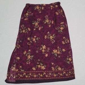 90s Vintage Kathie Lee Marron Tan Floral High Rise Side Slit Midi Skirt L